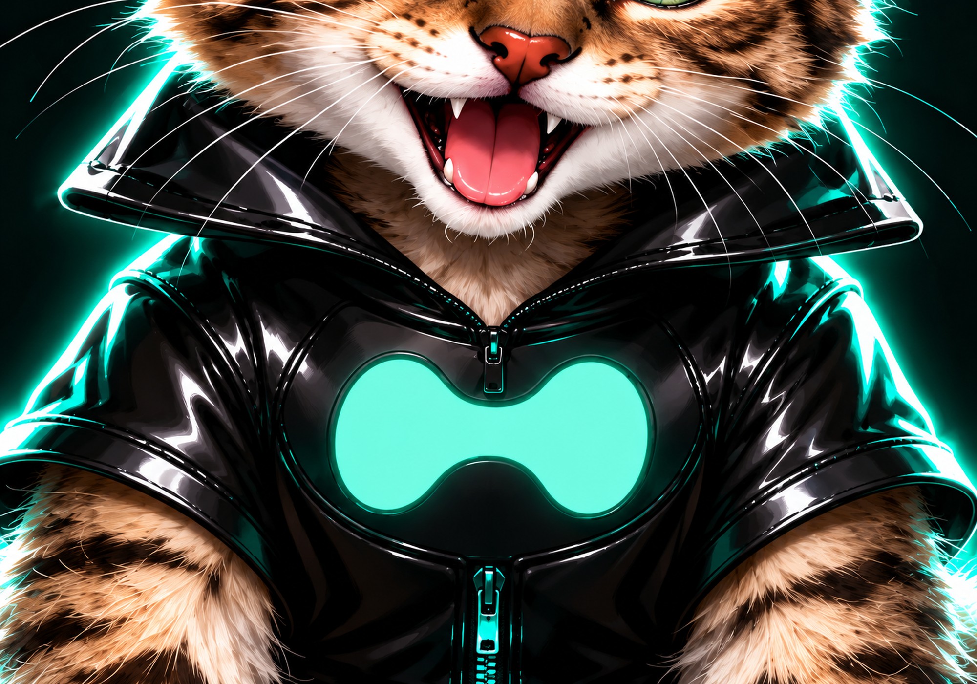 Close-up of the glossy black Hype costume and its mint emblem